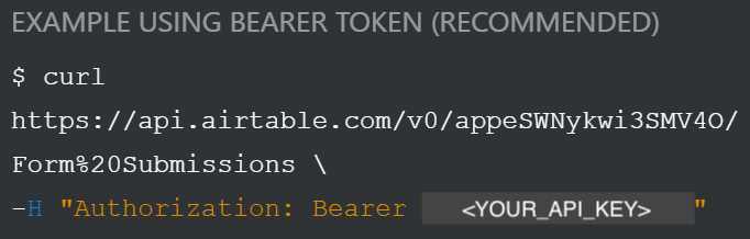 An example request in Airtable&rsquo;s API documentation, with the Airtable API key highlighted